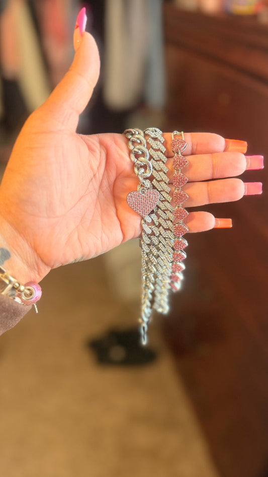 Pink Hearts Cuban Link Anklet Set