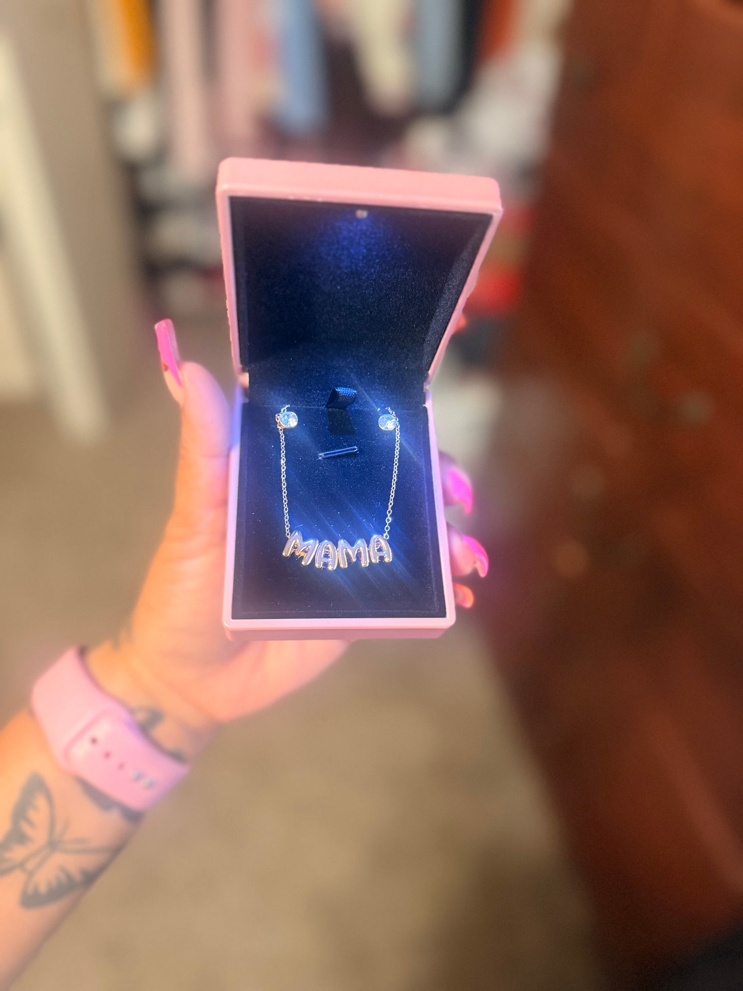 Bubble Letter Mama Custom Necklaces w/ Diamond Studs