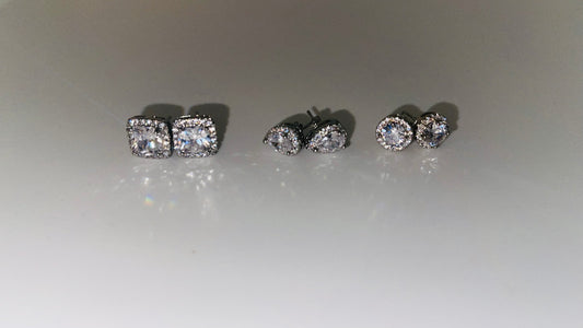 3 Cubic Zirconia Stud Earrings Set